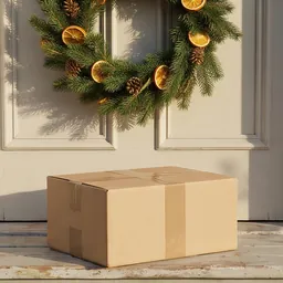 A delivery parcel on a doorstep by a front door with a wreath