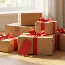 A pile of parcels and wrapped gifts with a red tag