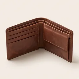 A brown leather bifold wallet