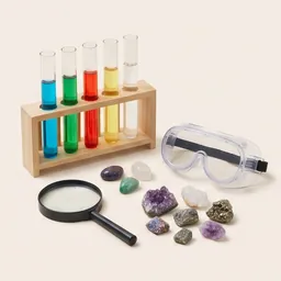 A kids' science kit with test tubes and crystals
