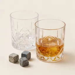 Crystal whisky glasses and whisky stones